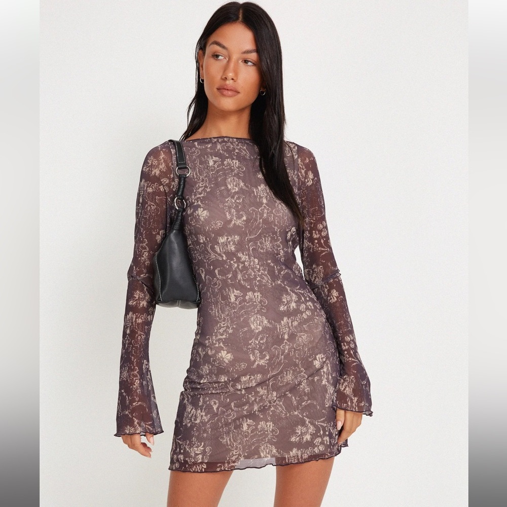 SEVILA LONG SLEEVE MINI DRESS IN BOTANICAL DARK BROWN